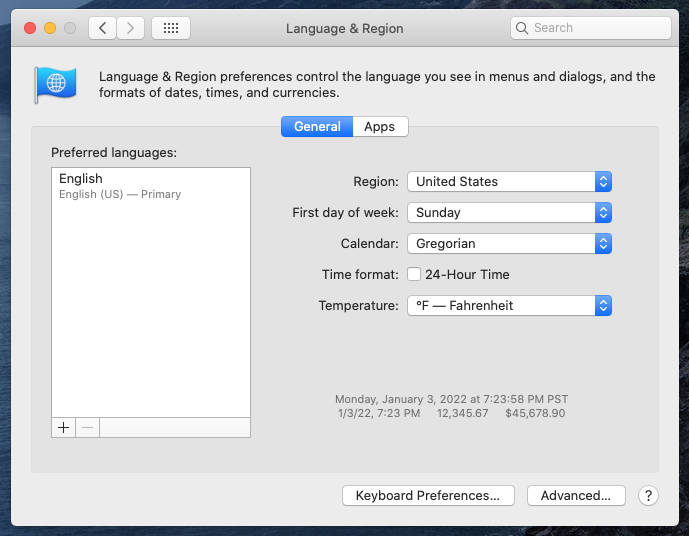 language & region settings window