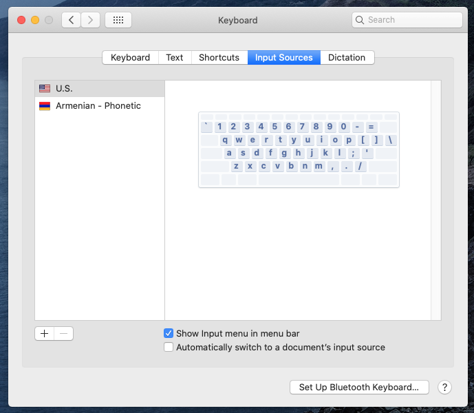keyboard settings window with installed armenian phonetic keyboard layout